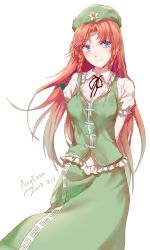Rule 34 | 1girl, 2015, arms behind back, artist name, augetsix, bad id, bad twitter id, blue eyes, bow, braid, chinese clothes, dated, hair bow, hair ornament, hat, highres, hong meiling, long hair, puffy sleeves, red hair, shirt, short sleeves, simple background, skirt, skirt set, smile, solo, star (symbol), touhou, twin braids, vest, white background