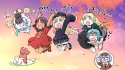 Rule 34 | &gt; &lt;, + +, 2boys, 4girls, :3, :d, > <, abigail williams (fate), animal, arjuna (fate), arjuna alter (fate), arms up, asha (fate), black dress, black footwear, black hair, black headwear, blonde hair, bloomers, blush stickers, boots, bow, brown footwear, brown headwear, brown jacket, cabbie hat, capelet, chikuwa, closed eyes, closed mouth, cloud, commentary request, crossed bandaids, dark-skinned female, dark skin, dog, dress, fate/grand order, fate (series), food, furry, gerda (fate), green capelet, green eyes, hair bow, hat, highres, hope (fate), jacket, jumping, kirara jump, long hair, long sleeves, multiple boys, multiple girls, neon-tetora, open mouth, orange bow, outdoors, parted bangs, patxi (fate), pointy ears, red dress, shoes, short sleeves, sky, sleeves past fingers, sleeves past wrists, smile, socks, stuffed animal, stuffed toy, sunset, teddy bear, translation request, underwear, v-shaped eyebrows, very long hair, white bloomers, white hair, white legwear, xd