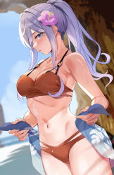 Rule 34 | 1girl, beach, bikini, blue hair, breasts, brown bikini, cleavage, collarbone, comiket, comiket 100, flower, gotland (kancolle), gotland andra (kancolle), hair between eyes, hair flower, hair ornament, holding sarong, jewelry, kantai collection, large breasts, long hair, looking at viewer, mole, mole under eye, monoto, navel, o-ring, o-ring bikini, ocean, official alternate costume, open mouth, ornate ring, ponytail, purple flower, ring, rock, sarong, solo, sweat, swimsuit, wedding ring