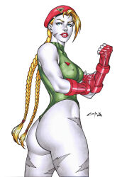 Rule 34 | 1girl, ahoge, antenna hair, artist request, ass, blonde hair, blue eyes, braid, cammy white, from behind, green leotard, hat, highres, huge ass, leotard, long hair, looking at viewer, looking back, solo, street fighter, thong leotard, traditional media, twin braids, very long hair, white background, wide hips