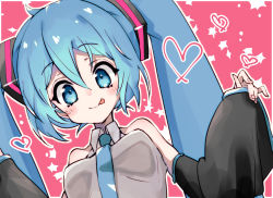 Rule 34 | 1girl, 3774., :p, aqua eyes, aqua hair, aqua necktie, bare shoulders, black sleeves, commentary, detached sleeves, from below, grey shirt, hair ornament, hands up, hatsune miku, heart, long hair, looking at viewer, necktie, pink background, shirt, sleeveless, sleeveless shirt, sleeves past wrists, smile, solo, tongue, tongue out, twintails, upper body, very long hair, vocaloid