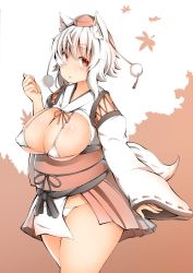 Rule 34 | 1girl, adapted costume, animal ears, belly, bikini, blush, breasts, cleavage, covered erect nipples, cowboy shot, forest, gradient hair, hand up, hat, highres, hip focus, inubashiri momiji, kourindou tengu costume, large breasts, leaf, leaf background, long sleeves, looking at viewer, looking to the side, micro bikini, miniskirt, multicolored hair, nature, obi, open clothes, open skirt, pleated skirt, plump, puffy nipples, red eyes, red skirt, ribbon, ribbon-trimmed sleeves, ribbon trim, sash, shiny skin, shishi juuroku, short eyebrows, short hair, sidelocks, silhouette, skirt, smile, solo, swimsuit, tail, thick eyebrows, thick thighs, thighs, tokin hat, touhou, white bikini, white hair, wide sleeves, wind, wolf ears, wolf tail