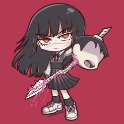 Rule 34 | 1girl, artist name, black hair, black socks, blood, butter spoon, chainsaw man, chibi, commentary, cross scar, dress, facial scar, fourth east high school uniform, full body, holding, holding sword, holding weapon, pinafore dress, pleated dress, red background, red eyes, ringed eyes, scar, scar on cheek, scar on face, scar on nose, school uniform, serious, severed head, shoes, sleeveless, sleeveless dress, sneakers, socks, solo, spine, sword, weapon, yoru (chainsaw man)