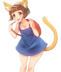 Rule 34 | 1girl, animal crossing, animal ears, backpack, bag, bare legs, bare shoulders, blush, blush stickers, bob cut, breasts, brown eyes, brown hair, cat ears, cat tail, cleavage, dress, eyebrows, hat, katie (animal crossing), looking at viewer, naso4, nintendo, open mouth, personification, randoseru, short dress, short hair, simple background, small breasts, smile, solo, standing, tail, thick eyebrows, white background