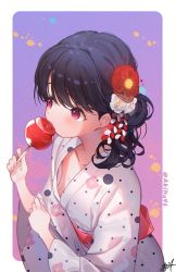Rule 34 | 1girl, black hair, blush, border, breasts, candy apple, collarbone, eating, flower, food, from above, fukumaru koito, gradient background, hair flower, hair ornament, holding, holding food, idolmaster, idolmaster shiny colors, japanese clothes, kimono, kuri choko, long hair, long sleeves, looking away, looking to the side, obi, outside border, purple background, purple eyes, red flower, sash, signature, small breasts, solo, twitter username, upper body, white border, white flower, white kimono, wide sleeves, yukata
