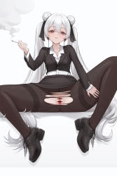 Rule 34 | 1girl, absurdres, anus, censored, cigarette, highres, legs apart, looking at viewer, no panties, office lady, pov, pussy, smile, smoking, solo, torn clothes, torn legwear, twintails, white hair, yeonrizee