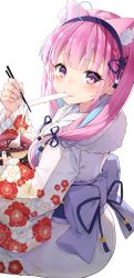 Rule 34 | 1girl, absurdres, ahoge, anchor symbol, animal ear fluff, animal ears, blue hair, blue nails, blush, bow, bowl, breasts, cat ears, chopsticks, commentary, darjeeling (reley), floral print, food, hair ribbon, hairband, highres, holding, holding bowl, holding chopsticks, hololive, invisible chair, japanese clothes, kimono, large bow, light blue hair, long hair, looking at viewer, medium breasts, minato aqua, mochi, multicolored hair, nail polish, obi, pink eyes, pink hair, purple bow, ribbon, sash, simple background, sitting, smile, solo, soup, streaked hair, symbol-only commentary, tress ribbon, two-tone hair, virtual youtuber, white background, white kimono, zouni soup
