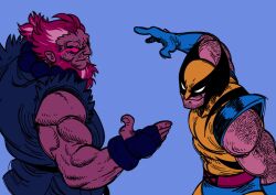 2boys akuma_(street_fighter) beard bodysuit claws crossover facial_hair gloves highres long_hair male_focus marvel marvel_vs._capcom marvel_vs._capcom_2 mask multiple_boys muscular muscular_male short_hair smile street_fighter street_fighter_6 superhero_costume wolverine_(x-men) x-men yeet_sonny