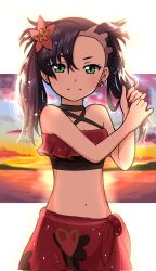 Rule 34 | 1girl, asymmetrical bangs, bikini, black hair, blush, border, breasts, choker, closed mouth, commentary request, corrupted twitter file, creatures (company), drying, drying hair, earrings, emapippi, flower, game freak, green eyes, hair flower, hair ornament, highres, jewelry, looking at viewer, marnie (pokemon), marnie (summer 2021) (pokemon), navel, nintendo, official alternate costume, pokemon, pokemon masters ex, sarong, smile, solo, sunset, swimsuit, twintails, two side up, wet, wet hair, white border, wringing hair