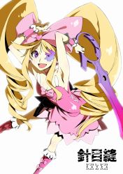 Rule 34 | 10s, 1girl, armpits, bare shoulders, big hair, blonde hair, boots, bow, copyright name, dress, drill hair, earrings, eyepatch, hair bow, harime nui, heart, highres, jewelry, kill la kill, long hair, marushi, open mouth, pink bow, pink footwear, purple eyes, scissor blade (kill la kill), smile, solo, strapless, strapless dress, teeth, twin drills, twintails, white background, wrist cuffs