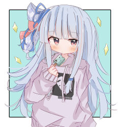 Rule 34 | 1girl, blue background, blue hair, blush, border, bow, closed mouth, cowboy shot, diamond (shape), dot mouth, food, grey hoodie, hair bow, hand up, highres, holding, holding food, holding ice cream, hood, hood down, hoodie, ice cream, ice cream bar, ichiha (ichi u2), kotonoha aoi, long bangs, long hair, long sleeves, looking at viewer, messy hair, one side up, outside border, pink eyes, print hoodie, sidelocks, simple background, solo, voiceroid, white border