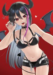 Rule 34 | 1girl, :d, belt, between legs, black hair, bra, chest harness, claw pose, collar, colored inner hair, commission, cross, cross earrings, demon tail, demon wings, earrings, fangs, harness, highres, horns, jewelry, looking at viewer, lvetica, multicolored hair, nail polish, navel, o-ring, o-ring bottom, o-ring panties, o-ring top, open belt, open mouth, open pants, original, panties, pants, pink hair, red eyes, shirt, short shorts, shorts, smile, solo, streaked hair, tail, tail between legs, underwear, watermark, white shirt, wings