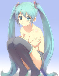 Rule 34 | 00s, 1girl, aqua eyes, aqua hair, blush, boots, breast hold, breasts, cleavage, duke (inu daimyou), hatsune miku, long hair, looking at viewer, matching hair/eyes, smile, solo, squatting, thigh boots, thighhighs, topless, twintails, very long hair, vocaloid