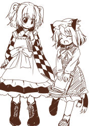 Rule 34 | 2girls, ^ ^, animal ears, apron, bell, book, boots, bow, cat ears, cat girl, cat tail, character name, checkered clothes, checkered kimono, chen, child, closed eyes, clothes writing, cross-laced footwear, ear piercing, earrings, closed eyes, fang, female focus, hair bell, hair ornament, hat, japanese clothes, jewelry, jingle bell, kimono, lace-up boots, monochrome, motoori kosuzu, multiple girls, multiple tails, open mouth, piercing, pila-pela, short hair, skirt, skirt set, smile, tail, touhou, twintails, wide sleeves