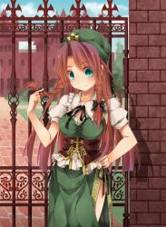 Rule 34 | 1girl, blue hair, bow, braid, breasts, cloud, corset, day, dress, female focus, gate, green dress, green eyes, hair bow, twirling hair, hand on own hip, hat, hong meiling, large breasts, long hair, looking at viewer, puffy sleeves, red hair, scarlet devil mansion, shirt, short sleeves, side slit, smile, solo, star (symbol), touhou, toutenkou, tree, twin braids, very long hair, wall