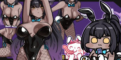 Rule 34 | 1boy, 1girl, animal ears, armpits, arms up, bare shoulders, black hair, black leotard, blue archive, blue bow, blue bowtie, bow, bowtie, breasts, cleavage, covered navel, dark-skinned female, dark skin, detached collar, doodle sensei (blue archive), fake animal ears, fishnet pantyhose, fishnets, gloves, highleg, highleg leotard, jazz jack, karin (blue archive), karin (bunny) (blue archive), large breasts, leotard, long hair, number tattoo, official alternate costume, official alternate hairstyle, pantyhose, playboy bunny, ponytail, rabbit ears, rabbit tail, sensei (blue archive), shoulder tattoo, strapless, strapless leotard, tail, tattoo, traditional bowtie, very long hair, white gloves, wrist cuffs, yellow eyes
