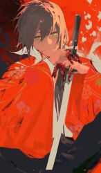 Rule 34 | 1boy, blood, blood on face, blood on hands, brown hair, floral print, formal, green eyes, hair between eyes, hanachirasu, highres, japanese clothes, kimono, looking at viewer, male focus, red suit, solo, suit, takeda akane, tuzaixia, upper body, weapon