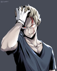 Rule 34 | 1boy, :q, bad id, bad pixiv id, bakugou katsuki, black background, black shirt, bleeding, blood, blood on face, boku no hero academia, collarbone, commentary request, gloves, grey background, hand in own hair, hand on own head, looking at viewer, male focus, red eyes, shirt, simple background, smile, solo, tongue, tongue out, tonomayo, twitter username, upper body, white gloves