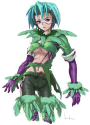Rule 34 | 1girl, akiyama nenehisa, aqua hair, belt, boots, bracelet, breasts, cleavage, cleavage cutout, clothing cutout, covered erect nipples, cowboy shot, cropped legs, elbow gloves, expressionless, facial tattoo, feathers, fur trim, gloves, green footwear, green lips, green thighhighs, jewelry, lipstick, looking at viewer, makeup, medium breasts, midriff, mole, mole under eye, navel, no bra, pants, purple eyes, purple gloves, scar, short hair, signature, simple background, sketch, solo, soul calibur, soulcalibur, soulcalibur iii, standing, strap, tattoo, thigh boots, thighhighs, tira (soulcalibur), torn clothes, underboob, white background, wristband