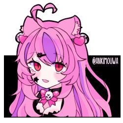 Rule 34 | 1girl, ahoge, animal ear fluff, animal ears, ankimouwa, artist name, black background, black choker, bow, bowtie, breasts, choker, cleavage, hair ornament, hairpin, heart, heart ahoge, heart hair ornament, ironmouse, long hair, lowres, medium breasts, multicolored hair, open mouth, pink bow, pink bowtie, pink hair, purple hair, sidelocks, skull ornament, slit pupils, smile, star (symbol), tareme, twitter username, two-tone background, two-tone hair, upper body, virtual youtuber, vshojo, white background, yandere trance