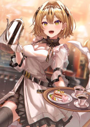 Rule 34 | 1girl, absurdres, alchemy stars, belt, black ribbon, black thighhighs, blonde hair, blurry, breasts, cake, cake slice, cleavage, coffee pot, cup, detached collar, dress, food, hair intakes, hair ornament, hair ribbon, highres, holding, holding pot, holding tray, looking at viewer, medium breasts, open mouth, plate, pot, ribbon, saucer, see-through, see-through sleeves, short hair, smile, solo, sparkle, strapless, strapless dress, tail, teacup, thighhighs, tray, usamaru67pi, vice (alchemy stars), white dress, yellow eyes