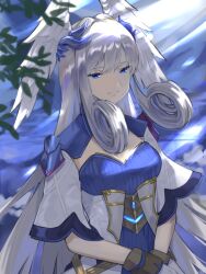 Rule 34 | 1girl, asagi1111, blue dress, blue eyes, blurry, blurry foreground, breasts, cleavage, closed mouth, commentary request, depth of field, dress, feathered wings, gloves, grey hair, head wings, long hair, looking at viewer, medium breasts, melia antiqua, own hands together, short sleeves, smile, solo, upper body, very long hair, white dress, white gloves, white wings, wings, xenoblade chronicles (series), xenoblade chronicles 3