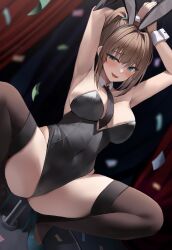 Rule 34 | 1girl, absurdres, armpits, arms up, ass, bare shoulders, between breasts, black leotard, blue eyes, blue footwear, breasts, brown hair, commission, confetti, covered navel, detached collar, dutch angle, high heels, highleg, highleg leotard, highres, ing sae, large breasts, leotard, long hair, looking at viewer, necktie, necktie between breasts, open mouth, original, playboy bunny, pole, pole dancing, ponytail, sidelocks, smile, smug, solo, squatting, strapless, strapless leotard, stripper pole, thighhighs, thighs, uneven eyes, wrist cuffs