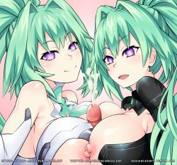 Rule 34 | 1boy, 2girls, blush, bodysuit, breast press, breasts, choujigen game neptune, cleavage, commentary request, cooperative paizuri, covered erect nipples, cum, cum on body, cum on upper body, cumdrip, dual persona, ejaculation, gloves, green hair, green heart (neptunia), heart, heart-shaped pupils, hetero, kami jigen game neptune v, large breasts, long hair, looking at viewer, multiple girls, neptune (series), nipples, open mouth, paizuri, penis, pink background, ponytail, pov, power symbol, purple eyes, sereneandsilent, shiny skin, solo focus, symbol-shaped pupils, symmetrical docking, uncensored, upper body, vert (neptunia), very long hair