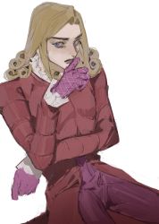 Rule 34 | 1boy, argyle, argyle clothes, argyle gloves, arm rest, blonde hair, collar, curly hair, frilled collar, frilled sleeves, frills, funny valentine, gloves, hand on own chin, highres, jojo no kimyou na bouken, long hair, male focus, puppetjackmj, solo, steel ball run, stroking own chin