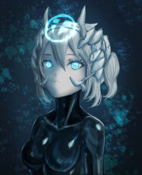 Rule 34 | 1girl, arms at sides, blonde hair, blue eyes, bodysuit, collarbone, glowing, glowing eyes, hair between eyes, headgear, highres, hologram, latex, latex bodysuit, looking at viewer, original, pale skin, parted lips, shiny clothes, skin tight, solo, yumikoyama49