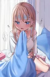 Rule 34 | 1girl, aoba miu, bed, bed sheet, blonde hair, blue bra, blue eyes, blue nails, blush, bra, bra strap, breasts, chigusa minori, cold pack, commentary request, curtains, eyes visible through hair, flying sweatdrops, hair down, hand on own face, highres, long hair, looking at viewer, medium breasts, mole, nail polish, off shoulder, on bed, original, pillow, shirt, sick, sitting, socks, striped clothes, striped legwear, striped socks, t-shirt, thighs, thought bubble, tissue box, translated, under covers, underwear, white shirt, yokozuwari