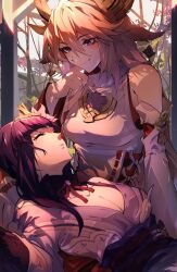Rule 34 | 2girls, absurdres, animal ears, bare shoulders, blunt bangs, breasts, cleavage, closed eyes, closed mouth, couple, detached sleeves, dress, earrings, fingernails, flying-frappuccino, fox ears, genshin impact, hair ornament, hand up, highres, indoors, japanese clothes, jewelry, kimono, lap pillow, large breasts, long fingernails, long hair, looking at another, multiple girls, nontraditional miko, obi, open clothes, open kimono, pink hair, pink nails, purple eyes, purple hair, purple kimono, purple sash, raiden shogun, sash, sleeping, smile, straight hair, white dress, yae miko, yuri