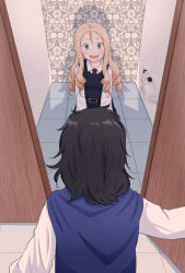 Rule 34 | 2girls, absurdres, andou (girls und panzer), bathroom, black hair, blonde hair, blush, breasts, collared shirt, dress, drill hair, floral print, from behind, girls und panzer, green eyes, hair between eyes, highres, long hair, marie (girls und panzer), medium breasts, multiple girls, necktie, open mouth, oze (xyz go go11), pinafore dress, shadow, shirt, short hair, sitting, sleeveless, sleeveless dress, striped neckwear, tearing up, toilet, toilet paper, toilet stall, wallpaper