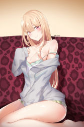 Rule 34 | 1girl, absurdres, animal print, artist name, arusuko, bangs, bare legs, barefoot, between legs, blonde hair, breasts, camisole, closed mouth, collarbone, grey jacket, hand between legs, highres, jacket, kitagawa marin, leopard print, long hair, medium breasts, partially unzipped, red eyes, shiny, shiny skin, sitting, smile, solo, sono bisque doll wa koi wo suru, strap slip, twitter username, wariza