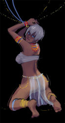 Rule 34 | 1girl, anklet, arabian clothes, armlet, ass, back, barefoot, blue eyes, bracelet, capcom, dark-skinned female, dark skin, elena (street fighter), feet, female pubic hair, from behind, jaimito, jewelry, kneeling, legs, neck ring, necklace, no panties, pubic hair, see-through, short hair, slave, solo, strapless, street fighter, street fighter iii (series), swimsuit, tube top, white hair