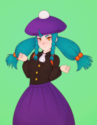 Rule 34 | 1girl, ahoge, ascot, babyserval, black shirt, blue hair, blush, braid, breasts, buttons, closed mouth, collared shirt, cowboy shot, eliza (nexomon), female focus, green background, hair bobbles, hair ornament, hair tie, hands up, happy, hat, highres, light blush, long hair, long sleeves, looking at viewer, nexomon, nose blush, orange eyes, pom pom (clothes), puffy long sleeves, puffy sleeves, purple hat, purple skirt, shirt, shirt tucked in, sidelocks, simple background, skirt, small breasts, smile, solo, standing, tam o&#039; shanter, twin braids, twintails, white ascot
