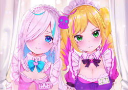 Rule 34 | 2girls, blonde hair, blue eyes, blush, bow, breasts, bue bow, character request, cleavage, commentary request, copyright request, fron, frown, green eyes, hair over one eye, heart, highres, indie virtual youtuber, large breasts, looking at viewer, maid, maid headdress, mole, mole under eye, multiple girls, purple ribbon, ribbon, rouka (akatyann), twintails, virtual youtuber, white hair