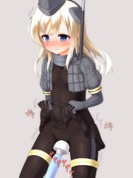 Rule 34 | 10s, 1girl, ^^^, black dress, black pantyhose, blonde hair, blue eyes, blush, cameltoe, clothes lift, covered navel, cowboy shot, cropped jacket, dress, dress lift, faubynet, garrison cap, gloves, grey background, hat, headgear, highres, hitachi magic wand, kantai collection, long hair, military, military hat, military uniform, open mouth, pantyhose, puffy sleeves, pussy juice, sex toy, simple background, solo, u-511 (kancolle), uniform, vibrator