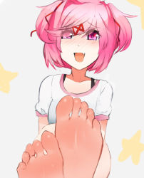 Rule 34 | 1girl, barefoot, blush, doki doki literature club, fang, feet, foot focus, hair over one eye, hair ribbon, natsuki (doki doki literature club), open mouth, pink eyes, pink hair, pov, ribbon, scathegrapes, short twintails, soles, toes, twintails