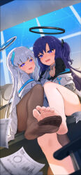 Rule 34 | 2girls, absurdres, asiprprdaisuki, barefoot, blue archive, blue eyes, blue hair, dark blue hair, feet, foreshortening, highres, light blush, long hair, looking at viewer, multiple girls, noa (blue archive), open mouth, pantyhose, paper, silver hair, soles, toes, yuuka (blue archive)