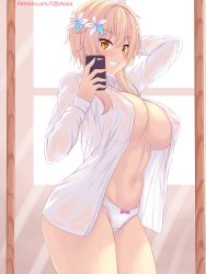 Rule 34 | 1girl, absurdres, blonde hair, blush, bow, bow panties, breasts, button shirt, cellphone, collared shirt, commentary, covered erect nipples, cowboy shot, flower, genshin impact, hair flower, hair ornament, highres, large breasts, long sleeves, looking at viewer, lumine (genshin impact), medium hair, naked shirt, navel, nottytiffy, open clothes, open shirt, panties, parted lips, patreon username, phone, selfie, shirt, smartphone, smile, solo, thighs, unbuttoned, unbuttoned shirt, underwear, white panties, white shirt, yellow eyes