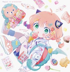 Rule 34 | 1girl, ahoge, anya (spy x family), bandaged leg, bandages, candy, candy wrapper, child, cookie, cracker, food, gelatin, green eyes, hair ornament, hairpin, highres, hood, hoodie, ice cream, ice cream cone, looking at viewer, open mouth, pink hair, shoes, short twintails, socks, solo, spy x family, stuffed animal, stuffed toy, tamagotchi, twintails, v, yamasuke040