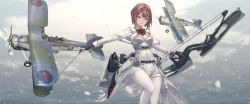 Rule 34 | 1girl, aircraft, airplane, ark royal (kancolle), biplane, blue eyes, blunt bangs, bob cut, bow, bowtie, breasts, cannon, cleavage cutout, clothing cutout, commentary request, composite bow, corset, fairey swordfish, female focus, fingerless gloves, flight deck, gloves, hairband, highres, jacket, kantai collection, leotard, long sleeves, machinery, outdoors, overskirt, pantyhose, quiver, red bow, red bowtie, red hair, red ribbon, ribbon, rokuwata tomoe, royal navy, short hair, shorts, sky, solo, standing, tiara, tsurime, turret, waist cape, white corset, white pantyhose, white shorts