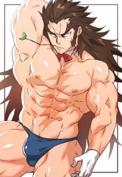Rule 34 | 1boy, abs, armpits, bara, biceps, blue male swimwear, blue swim briefs, brown eyes, brown hair, bulge, collar, frown, gloves, large pectorals, long hair, long sideburns, looking to the side, male focus, male swimwear, manly, muscular, muscular male, navel, nipples, no pants, original, pectorals, scar, scar on chest, scar on stomach, sideburns, solo, sugo6969, swim briefs, swimsuit, thick arms, thick eyebrows, thick thighs, thighs, topless male, veins, veiny arms