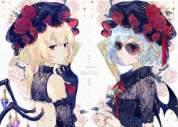 Rule 34 | 2girls, alternate costume, artist name, ascot, back cutout, bare shoulders, bat wings, birdcage, black dress, black gloves, black hat, blonde hair, blue hair, breasts, brooch, cage, chain, clothing cutout, commentary request, crystal, detached sleeves, dress, earrings, ekita kuro, fishnets, flandre scarlet, flower, from side, gem, gloves, hair between eyes, hand up, hat, hat flower, hat ribbon, jewelry, looking at viewer, mob cap, multiple girls, nail polish, neck ribbon, one side up, own hands together, parted lips, pink flower, pink rose, puffy short sleeves, puffy sleeves, red eyes, red flower, red nails, red ribbon, red rose, remilia scarlet, ribbon, ring, rose, short sleeves, siblings, sisters, small breasts, sunglasses, touhou, upper body, white background, wing collar, wings, yellow-framed eyewear
