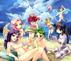 Rule 34 | 1boy, 6+girls, aged down, applejack, ass, bikini, black hair, blonde hair, blue eyes, blue hair, blush, bracelet, breasts, cleavage, cloud, cowboy hat, day, eyewear on head, fluttershy, frilled bikini, frills, front-tie top, green eyes, green hair, hat, highres, horns, jewelry, long hair, medium breasts, midair, multicolored hair, multiple girls, my little pony, my little pony: friendship is magic, nail polish, navel, o-ring, o-ring bottom, open mouth, orange hair, personification, pink hair, pinkie pie, ponytail, purple eyes, purple hair, rainbow dash, rainbow hair, rarity (my little pony), red hair, seiza, shiny skin, short hair, single horn, sitting, soukitsubasa, spike (my little pony), standing, standing on one leg, strapless, streaked hair, sunglasses, swimsuit, tube top, twilight sparkle, underboob, wings