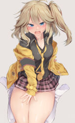 Rule 34 | 1girl, arm support, black shirt, blue eyes, blush, breasts, brown hair, cardigan, cleavage, collarbone, collared shirt, commentary request, covering privates, covering crotch, dot nose, dress, fang, grey background, hair between eyes, highres, kanzen bouon, kasukabe tsumugi, kneehighs, long hair, long sleeves, looking at viewer, medium breasts, mole, mole under eye, necktie, no shoes, off shoulder, one side up, open cardigan, open clothes, open mouth, pink skirt, plaid, plaid skirt, pleated skirt, scrunchie, shirt, simple background, sitting, skirt, sleeves past wrists, socks, solo, thick thighs, thighs, voicevox, wariza, wavy mouth, white socks, wrist scrunchie, yellow cardigan, yellow necktie, yellow scrunchie