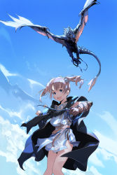 Rule 34 | 1girl, :d, bag, belt, black cape, blue eyes, blue sky, cape, creature, dragon, dress, flying, gloves, hair ornament, happy, highres, hirooka masaki, looking at viewer, medium hair, open mouth, original, short twintails, single glove, sky, smile, standing, teeth, twintails, upper teeth only, wings