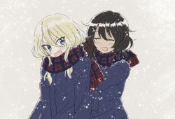 Rule 34 | 10s, 2girls, :d, adjusting scarf, andou (girls und panzer), angry, black gloves, black hair, blonde hair, blue coat, blue eyes, blush, brown eyes, closed eyes, closed mouth, coat, commentary, dark-skinned female, dark skin, enpera, fringe trim, frown, girls und panzer, gloves, highres, inumoto, long sleeves, looking at another, looking back, multiple girls, open mouth, oshida (girls und panzer), plaid, plaid scarf, red scarf, scarf, smile, snow, snowing, standing, v-shaped eyebrows, yuri