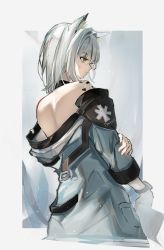 Rule 34 | 1girl, absurdres, animal ears, arknights, bare back, bare shoulders, black collar, cat ears, cat girl, collar, dress, from behind, green eyes, grey background, grey hair, hair intakes, highres, holding, kal&#039;tsit (arknights), material growth, off-shoulder dress, off shoulder, oripathy lesion (arknights), rinne0611, short hair, simple background, sleeves past elbows, solo, upper body, watch, white dress, wristwatch